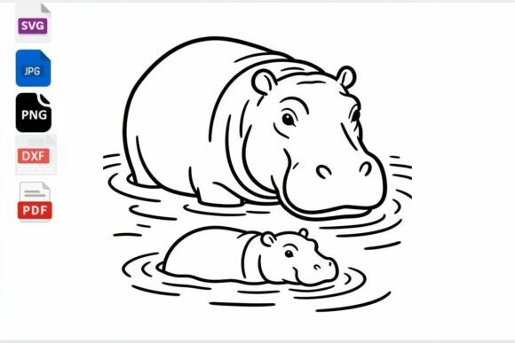 Cute Hippo Mom and Baby Line Art SVG