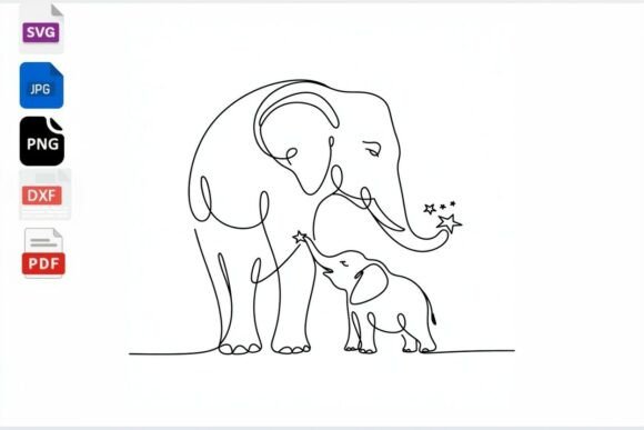 Elephant Mom and Baby Line Art SVG