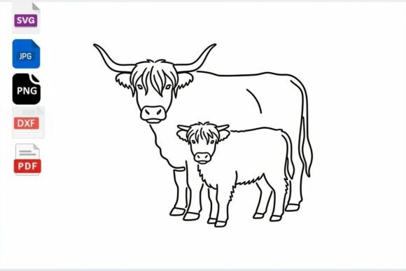 Highland Cow Mom and Calf Line Art SVG