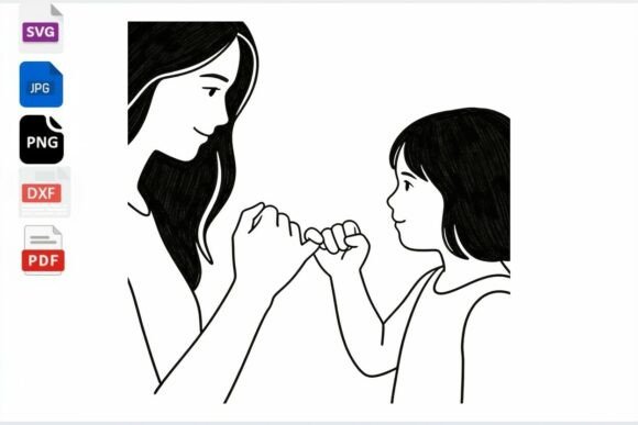 Mom and Child Pinky Promise Line Art SVG