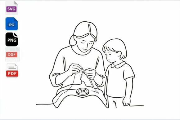 Mom and Child Sewing Line Art SVG