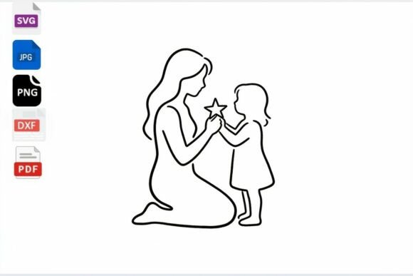 Mom and Child Star Line Art SVG