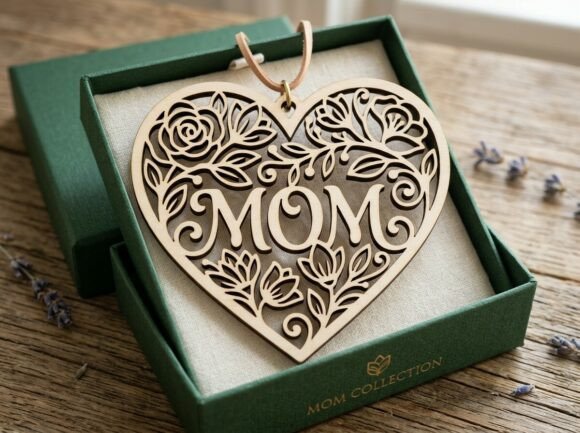Mom Floral Heart Pendant Laser Cut