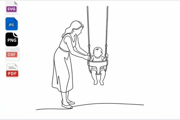 Mom Pushing Baby on Swing Line Art SVG