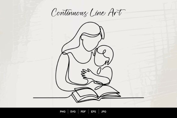 Mother Reading with Child Line Art